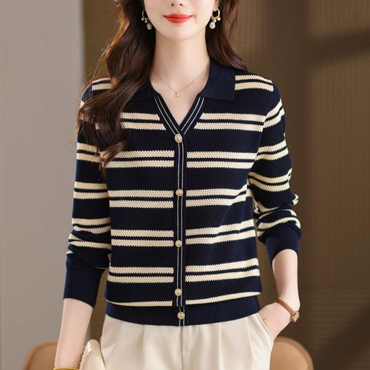 CC103-6398 早秋撞色条纹翻领针织衫女 优雅气质通勤风显瘦短款长袖套头上衣 商品图3