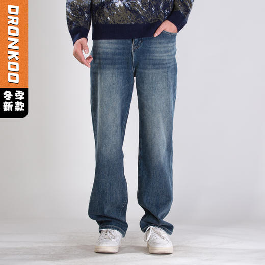 DRONKOO 2025 正常腰绿色钉扣四面弹一体长绒厚牛仔长裤 商品图0