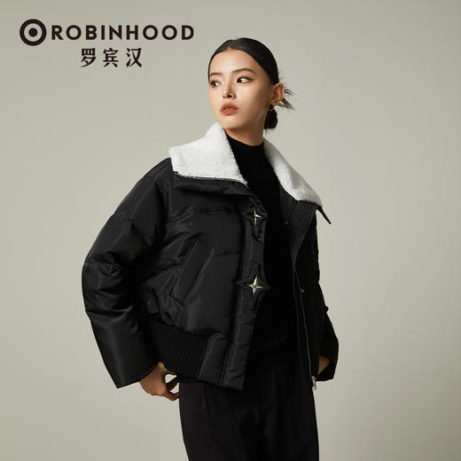 【设计师专柜】罗宾汉翻领羊羔毛领拼接羽绒服女时尚短款秋冬-R238Y5995 商品图1