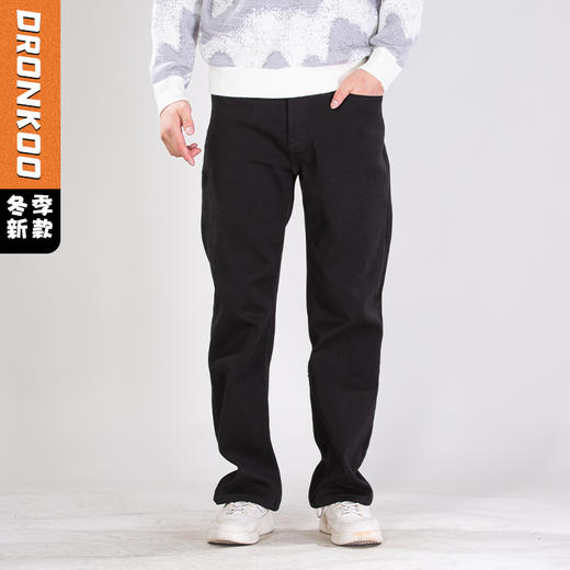 DRONKOO 2025 正常腰金属扣高弹黑底黑面一体绒厚牛仔长裤 商品图0