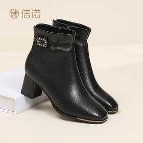 信诺中年妈妈鞋粗跟短靴女加绒羊皮靴子2025冬季新款高跟鞋时装靴X5M032-167