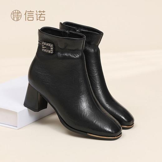 信诺中年妈妈鞋粗跟短靴女加绒羊皮靴子2025冬季新款高跟鞋时装靴X5M032-167 商品图0