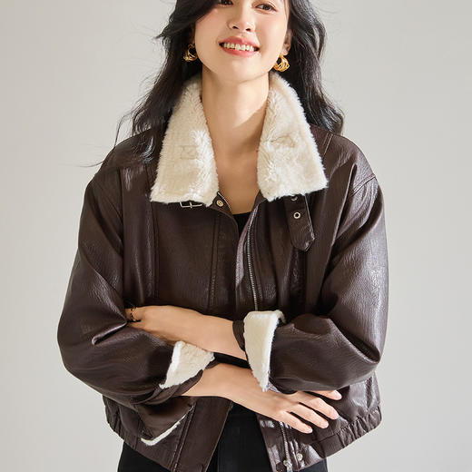 「高货wl」全新升级【铂金会员367/天猫499/差价132】(03003)洛诗琳复古美拉德加绒立领皮衣2025秋冬美式羊羔毛短外套 商品图1