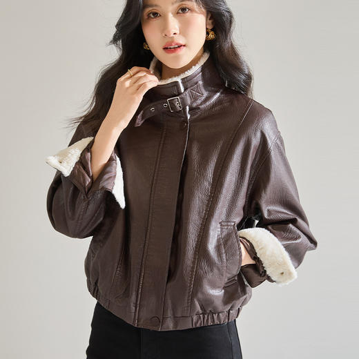 「高货wl」全新升级【铂金会员367/天猫499/差价132】(03003)洛诗琳复古美拉德加绒立领皮衣2025秋冬美式羊羔毛短外套 商品图2