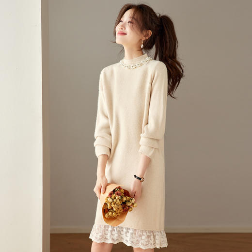 QL-8938蕾丝拼接针织打底连衣裙女秋冬中长款钉珠加厚配大衣内搭毛衣裙子 商品图1