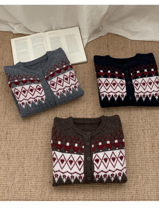 YW复古撞色费尔岛提花针织开衫毛衣(LH)(LD)-纪念日百货167944388 商品图5