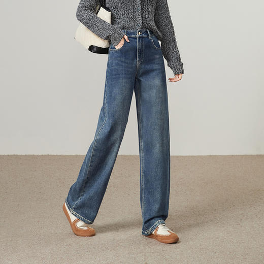 【加绒-香蕉牛仔裤】逸阳秋冬复古保暖拉毛高腰厚阔腿裤4037 商品图5