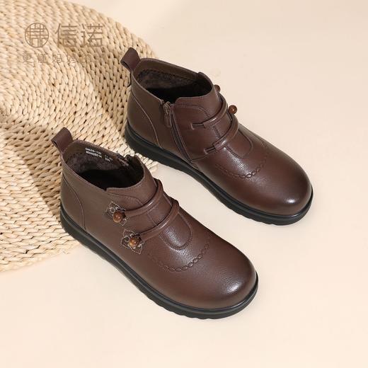 信诺真皮舒适平底妈妈鞋2025冬季新款加绒保暖中老年复古奶奶棉靴5M659-13D 商品图6