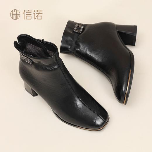 信诺中年妈妈鞋粗跟短靴女加绒羊皮靴子2025冬季新款高跟鞋时装靴X5M032-167 商品图7