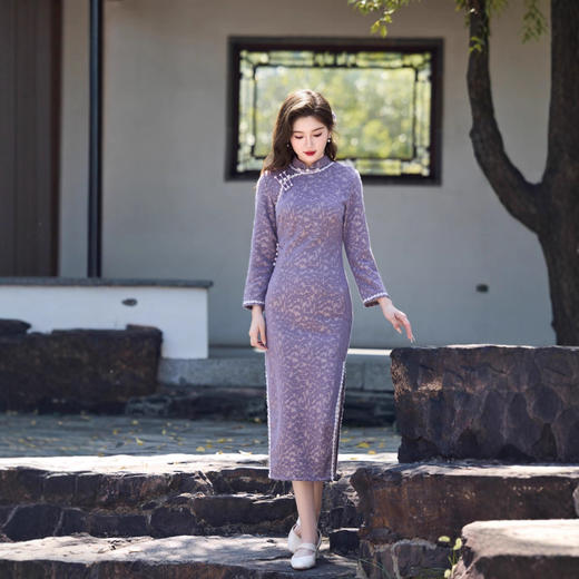FR绝美新中式旗袍2025新款高端国风秋冬旗袍气质优雅老上海紫色旗袍 商品图0