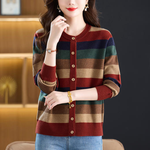 CC5-6587大码女装秋装撞色条纹针织开衫2025新款时尚宽松毛衣外套显瘦减龄 商品图2