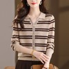 CC103-6398 早秋撞色条纹翻领针织衫女 优雅气质通勤风显瘦短款长袖套头上衣 商品缩略图1