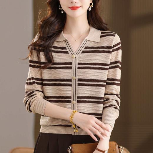CC103-6398 早秋撞色条纹翻领针织衫女 优雅气质通勤风显瘦短款长袖套头上衣 商品图1