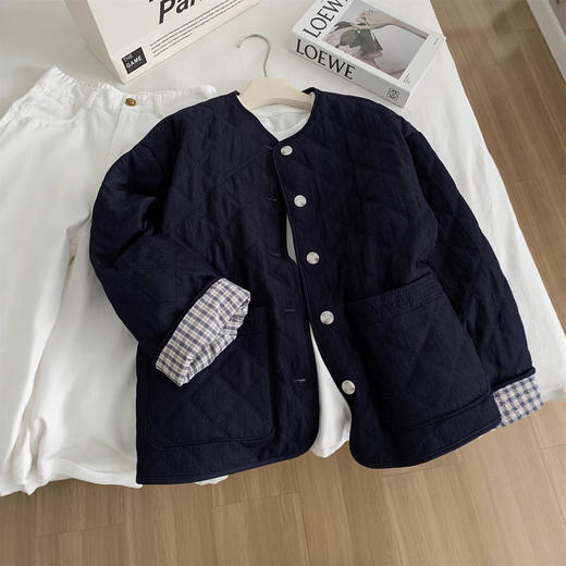 复古牛仔蓝！2025秋冬圆领棉服外套女加厚保暖双压线菱格棉衣开衫！ 商品图1