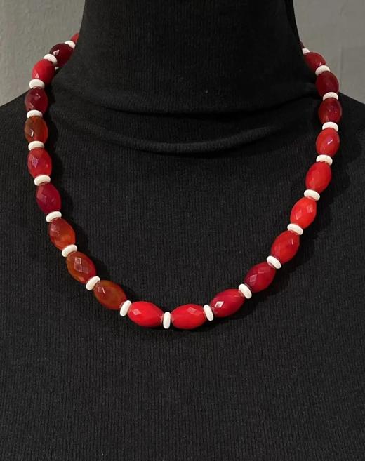 鲜红玛瑙菱格面橄榄珠项链与耳坠套组，顺丰包邮 商品图3