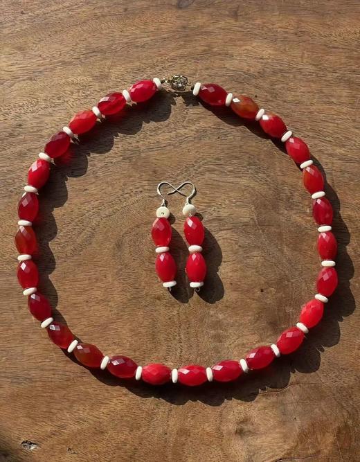 鲜红玛瑙菱格面橄榄珠项链与耳坠套组，顺丰包邮 商品图12