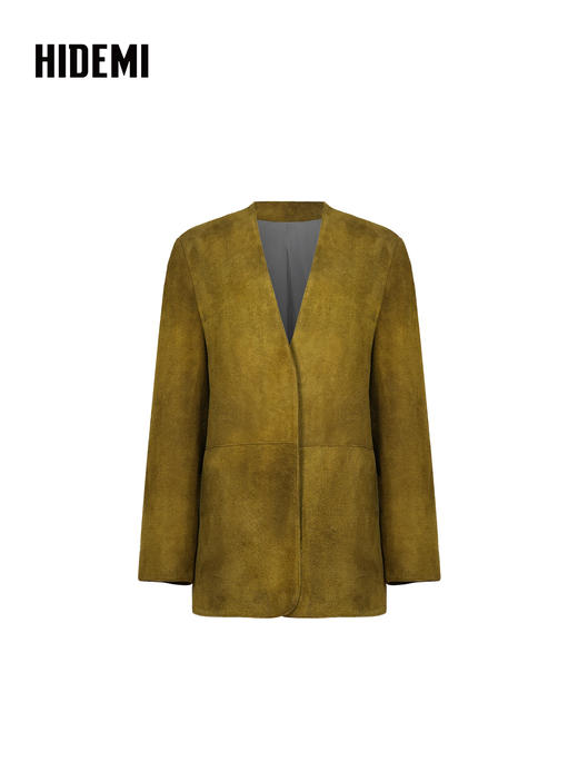HIDEMI 橄榄姜绿进口长绒绵羊皮麂皮皮衣v领大廓形垫肩西装 商品图12