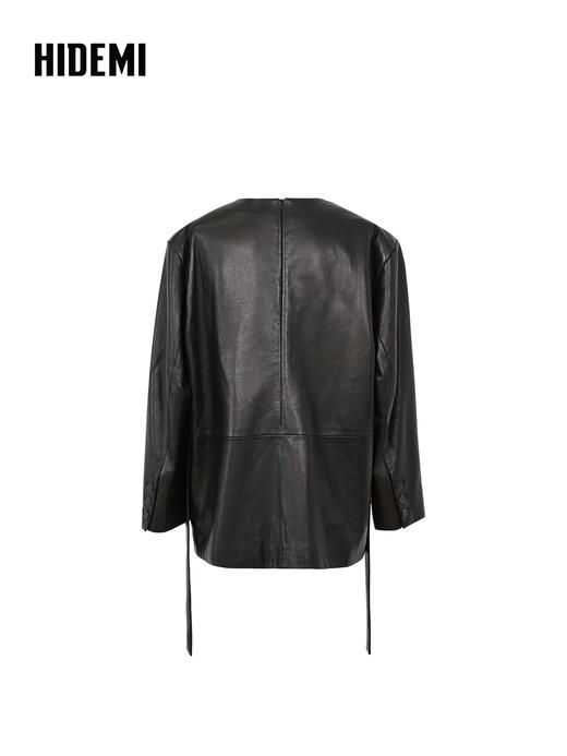 HIDEMI 【吴越同款】进口西班牙胎羊皮经典圆领宽肩套头廓形西装皮衣外套 商品图8
