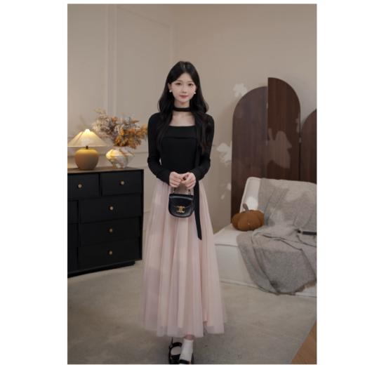 鹿向南「微醺玫瑰」韩系气质温柔千金风女秋冬设计感假两件连衣裙 商品图4