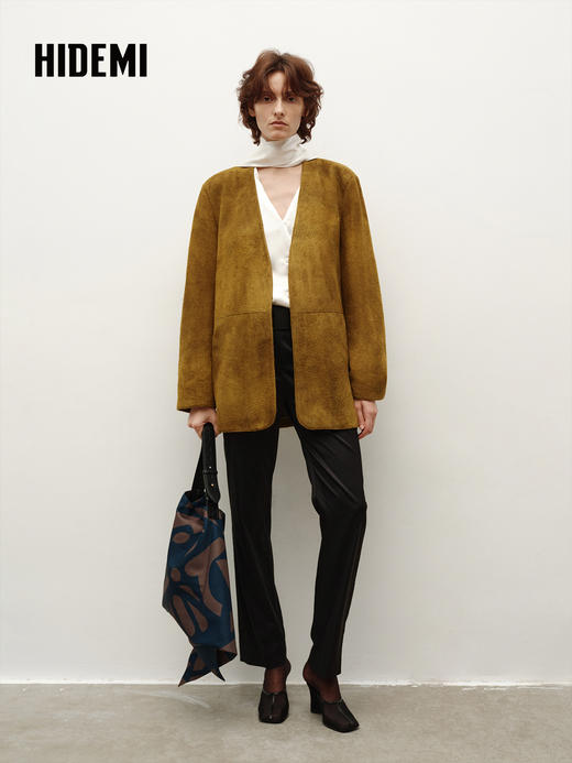 HIDEMI 橄榄姜绿进口长绒绵羊皮麂皮皮衣v领大廓形垫肩西装 商品图7