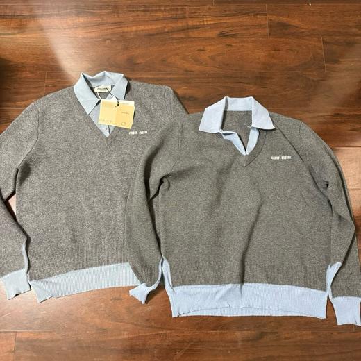 D110227羊毛混纺莫兰迪polo领拼色假两件长袖毛衣 商品图0