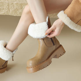 【预售5天】秋冬新款圆头简约保暖毛毛靴短靴牛皮羊羔毛中跟粗跟防滑保暖雪地靴MX&cs28399