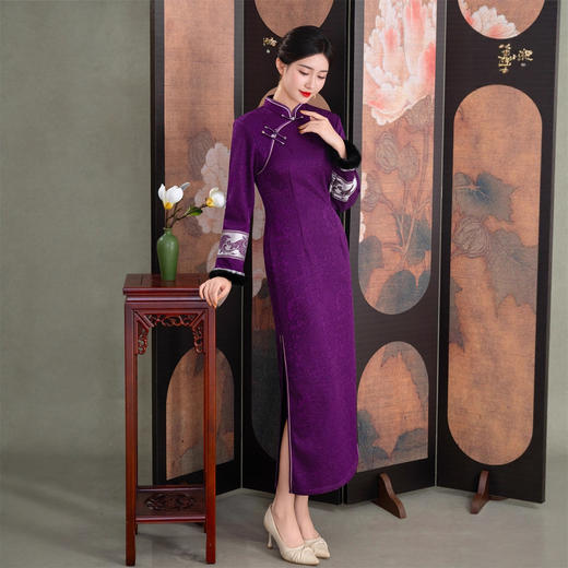 针织提花加绒长款时尚拼接旗袍2025冬新款复古国风中老年长袖旗袍SYK209671 商品图2