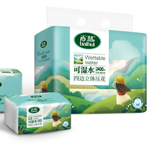 百慧 立体压花可湿水抽纸 400张五层 6连包/提 商品图0