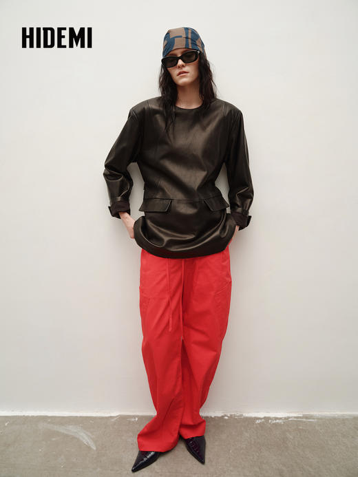 HIDEMI 【吴越同款】进口西班牙胎羊皮经典圆领宽肩套头廓形西装皮衣外套 商品图2