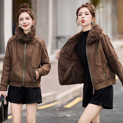 XYEL8075皮毛一体短外套女冬季2024新款加绒加厚小个子机车服皮衣夹克上衣 商品图1