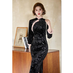 韩国绒印花长款修身长袖旗袍2025秋冬款复古中国风中老年女士旗袍SYK179402