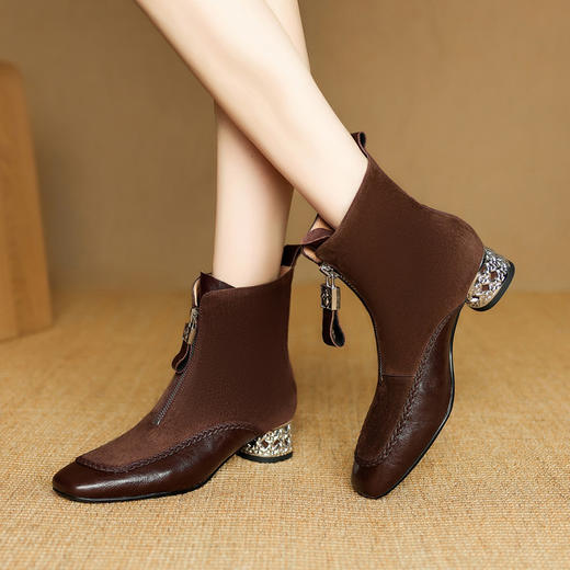 【预售5天】复古方头真皮粗跟短靴女秋冬新款前拉链软底骑士靴百搭单靴中跟靴NJMK&K1763 商品图0