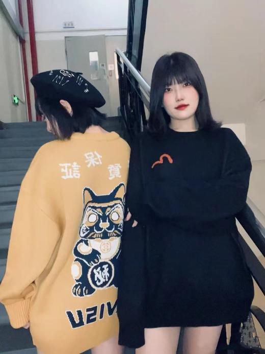 D110234秋冬招财猫嵌花休闲黑色长袖圆领宽松保暖针织衫圆领毛衣 商品图11