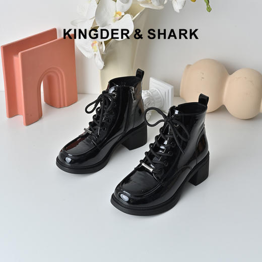 经典鲨2025冬专柜新品百搭圆头侧拉链加绒加厚中粗跟短靴女KC19-558311 商品图0