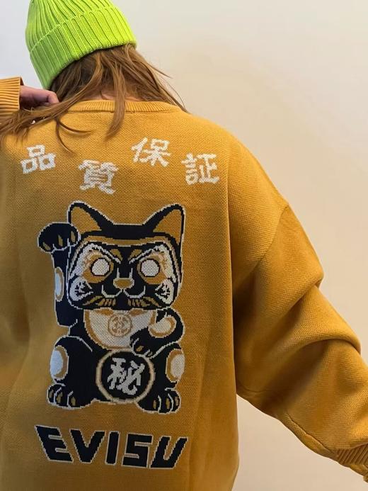 D110234秋冬招财猫嵌花休闲黑色长袖圆领宽松保暖针织衫圆领毛衣 商品图13