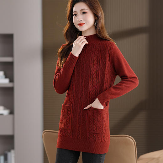 FCFQ67723 中长款长袖外穿毛衣女秋冬季新款宽松半高领口袋气质针织打底衫潮 商品图0