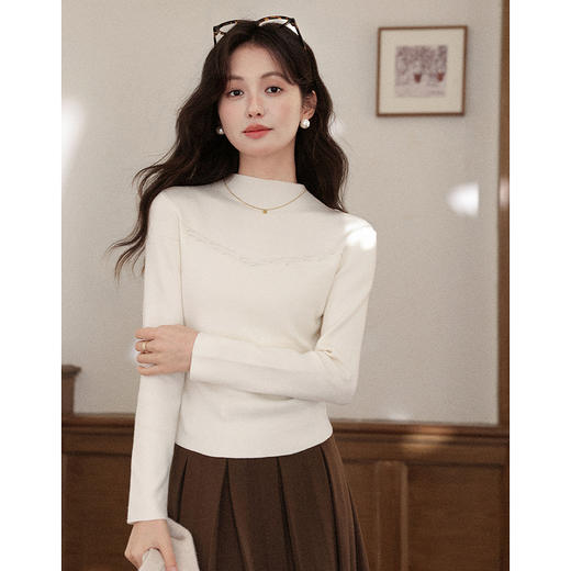 鹿向南「百搭内搭」半高领正肩杏色针织衫女早秋修身长袖打底衫 商品图0