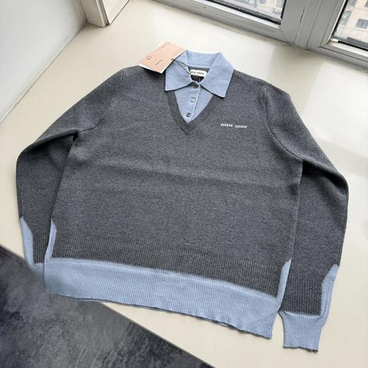 D110227羊毛混纺莫兰迪polo领拼色假两件长袖毛衣 商品图4