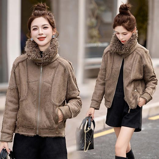XYEL8075皮毛一体短外套女冬季2024新款加绒加厚小个子机车服皮衣夹克上衣 商品图2