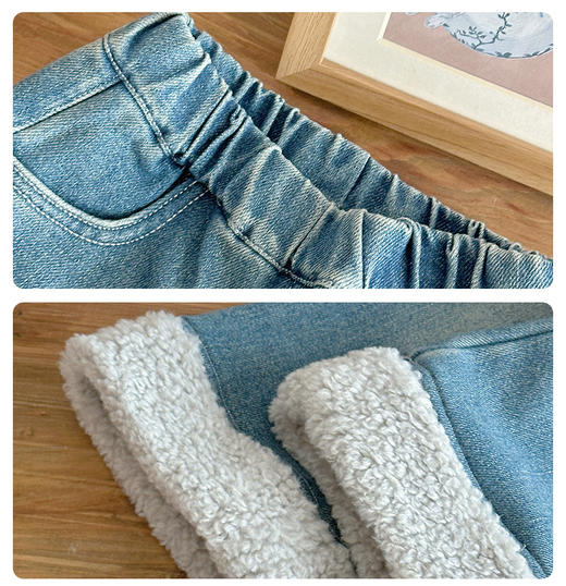 部分码数预售7天内发货！！【儿童服饰丨吾家儿童加绒牛仔裤】内里加绒面料细腻，质地柔软，高弹力松紧裤腰设计，不易挑身型，经典色系搭配花边设计简约不失时髦度，版型廓形宽松舒适，出街或上学穿搭都合适 商品图5