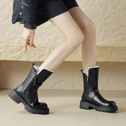 【预售5天】秋冬新款圆头简约保暖毛毛靴短靴牛皮羊羔毛中跟粗跟防滑保暖雪地靴MX&cs28399 商品图2