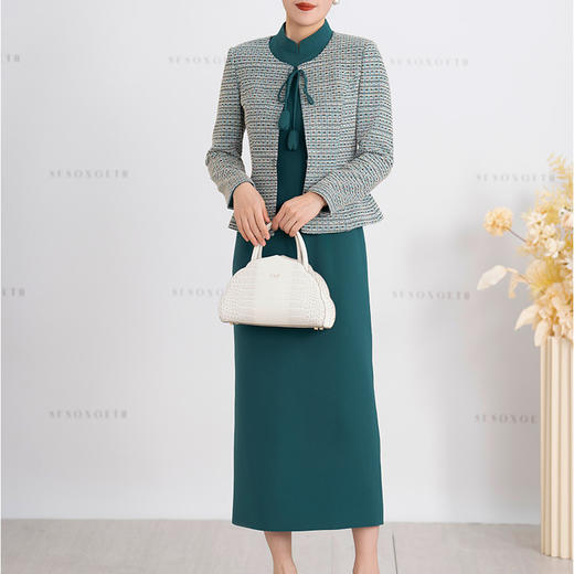 S516LAL808H08 2025春季新款气质名媛小香风针织外套新中式复古立领连衣裙套装裙 商品图1