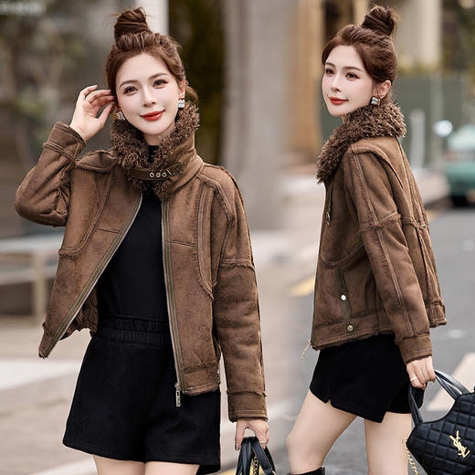 XYEL8075皮毛一体短外套女冬季2024新款加绒加厚小个子机车服皮衣夹克上衣 商品图3