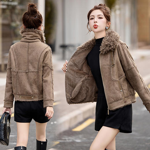 XYEL8075皮毛一体短外套女冬季2024新款加绒加厚小个子机车服皮衣夹克上衣 商品图0