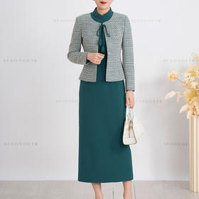 S516LAL808H08 2025春季新款气质名媛小香风针织外套新中式复古立领连衣裙套装裙