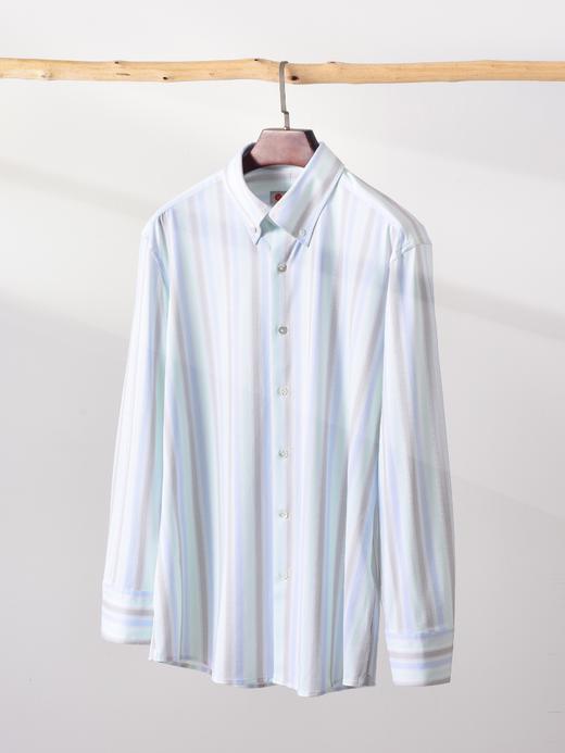 AhhhCotton 100支双股八向弹力蓝绿色宽条纹意式工艺衬衫 商品图0