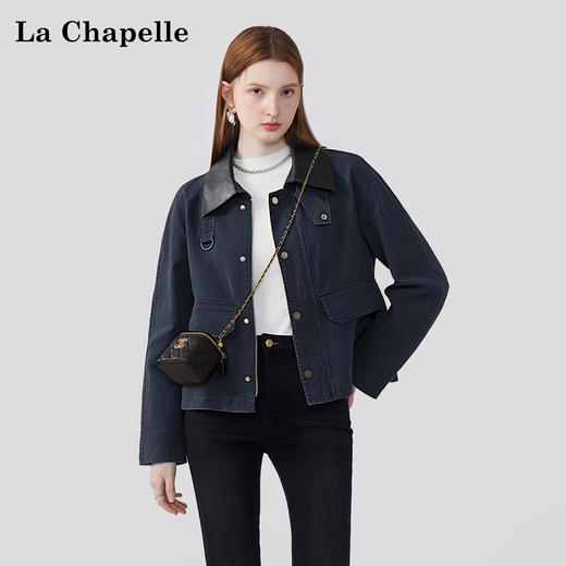 天猫同步【时髦巴恩风】拉夏贝尔/La Chapelle皮质翻领D字环翻盖口袋外套女复古设计感休闲时髦夹克衫 商品图3