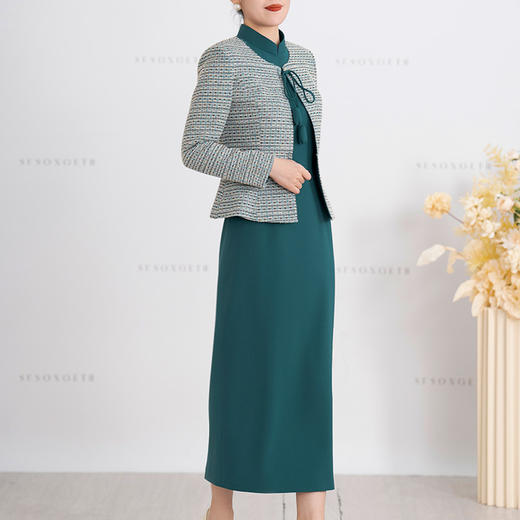 S516LAL808H08 2025春季新款气质名媛小香风针织外套新中式复古立领连衣裙套装裙 商品图2