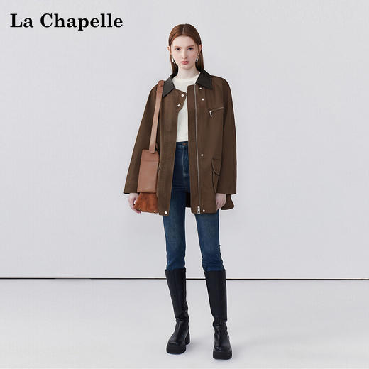 拉夏贝尔/La Chapelle皮翻领翻盖口袋外套女复古时髦宽松休闲夹克上衣 商品图3