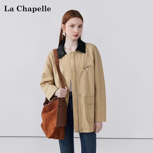 拉夏贝尔/La Chapelle皮翻领翻盖口袋外套女复古时髦宽松休闲夹克上衣 商品图0
